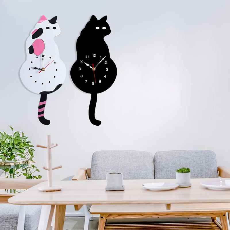 Home Decoration Living Room Bedroom Wagging Tail Cat Creative Wall Clock Acrylic Wall Clock Modern Cute Cat Clock Move Silence