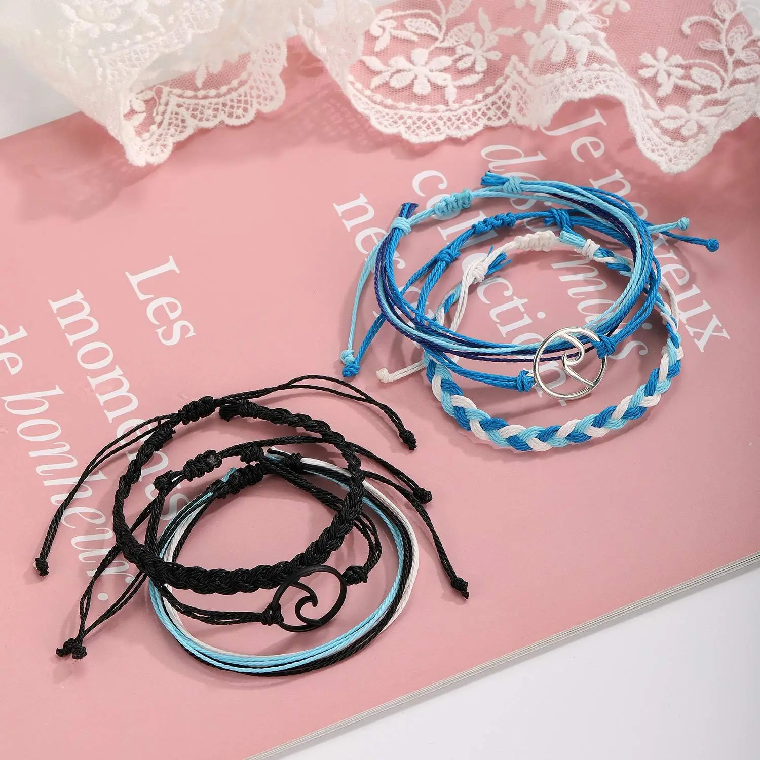 Braccialetti vintage con onde da surf Starain blu per donna Set di braccialetti da surfisti da spiaggia intrecciati regolabili impermeabili fatti a mano Boho