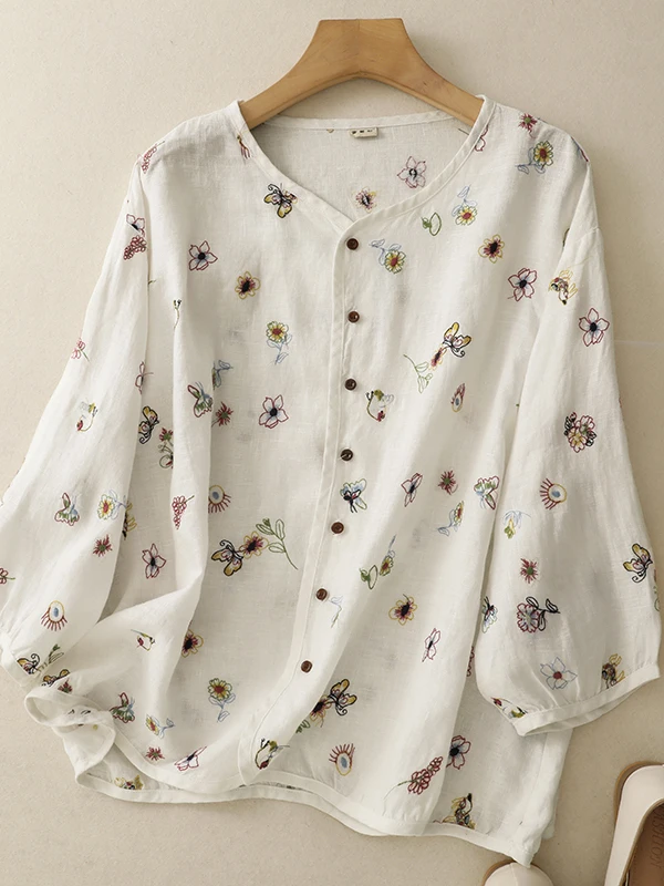 

Sweet Youthful Floral Embroidery Linen irt Large Size Women Single Button Seven Sve round Ne Casual Open Cardigan Top