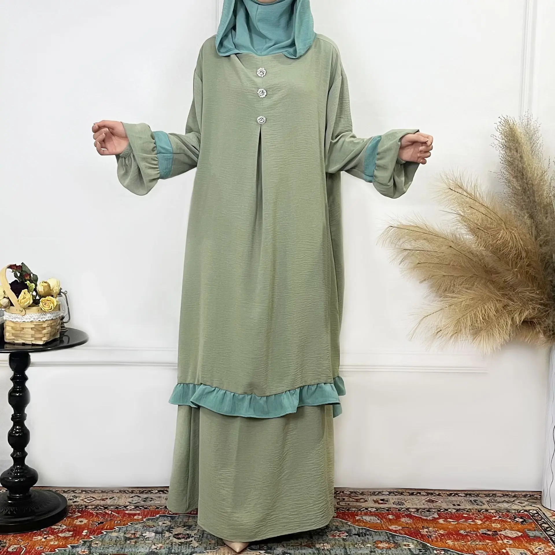 

2024 Spring Autumn Abaya Muslim Women Eid Hooded Top Skirt Set Turkey 2 Pieces Kaftan Dubai Islam Ramadan Arab Robe Caftan Dress