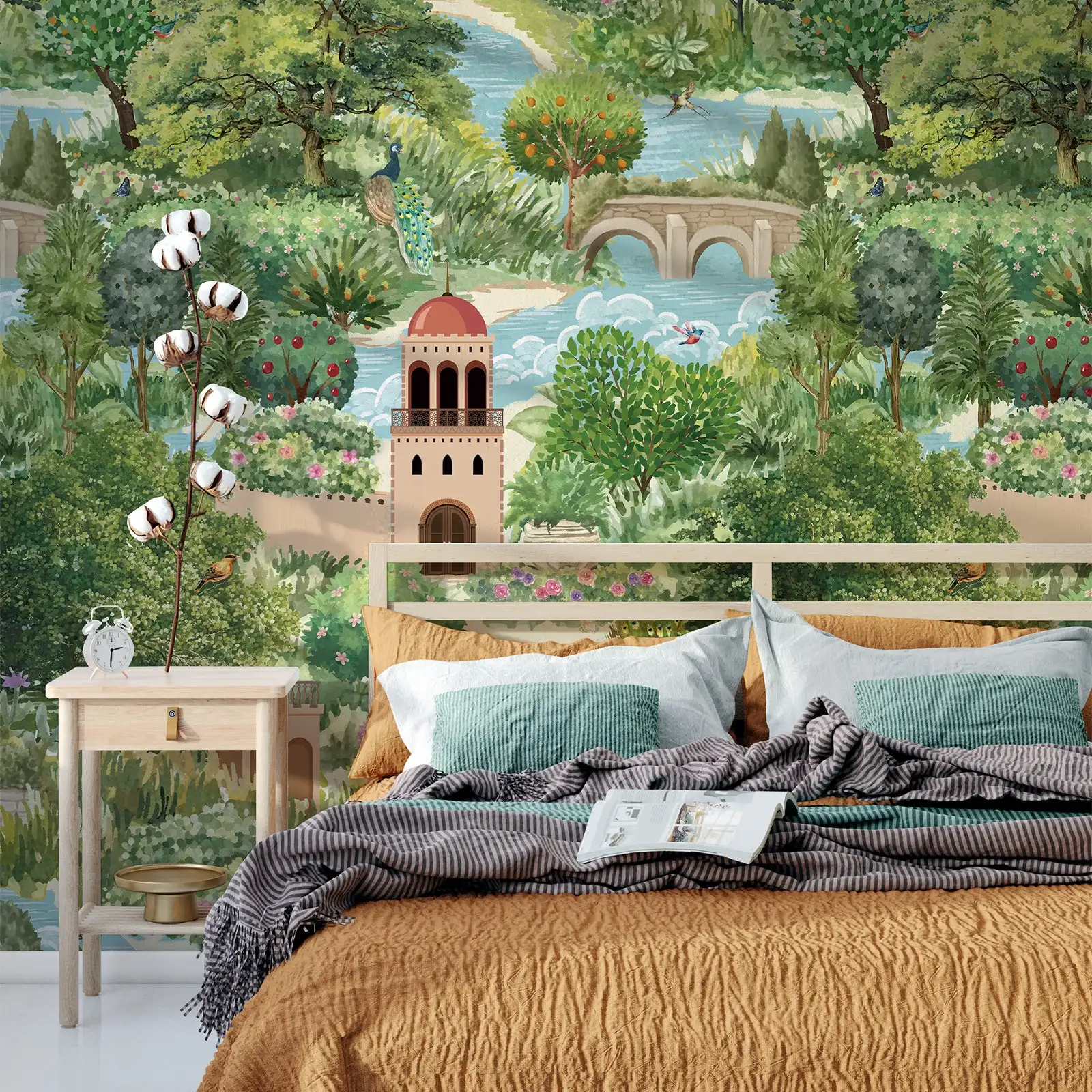 Customized mural forest wallpaper, European retro jungle architectural pattern wallpaper, living room bedroom decoration mural