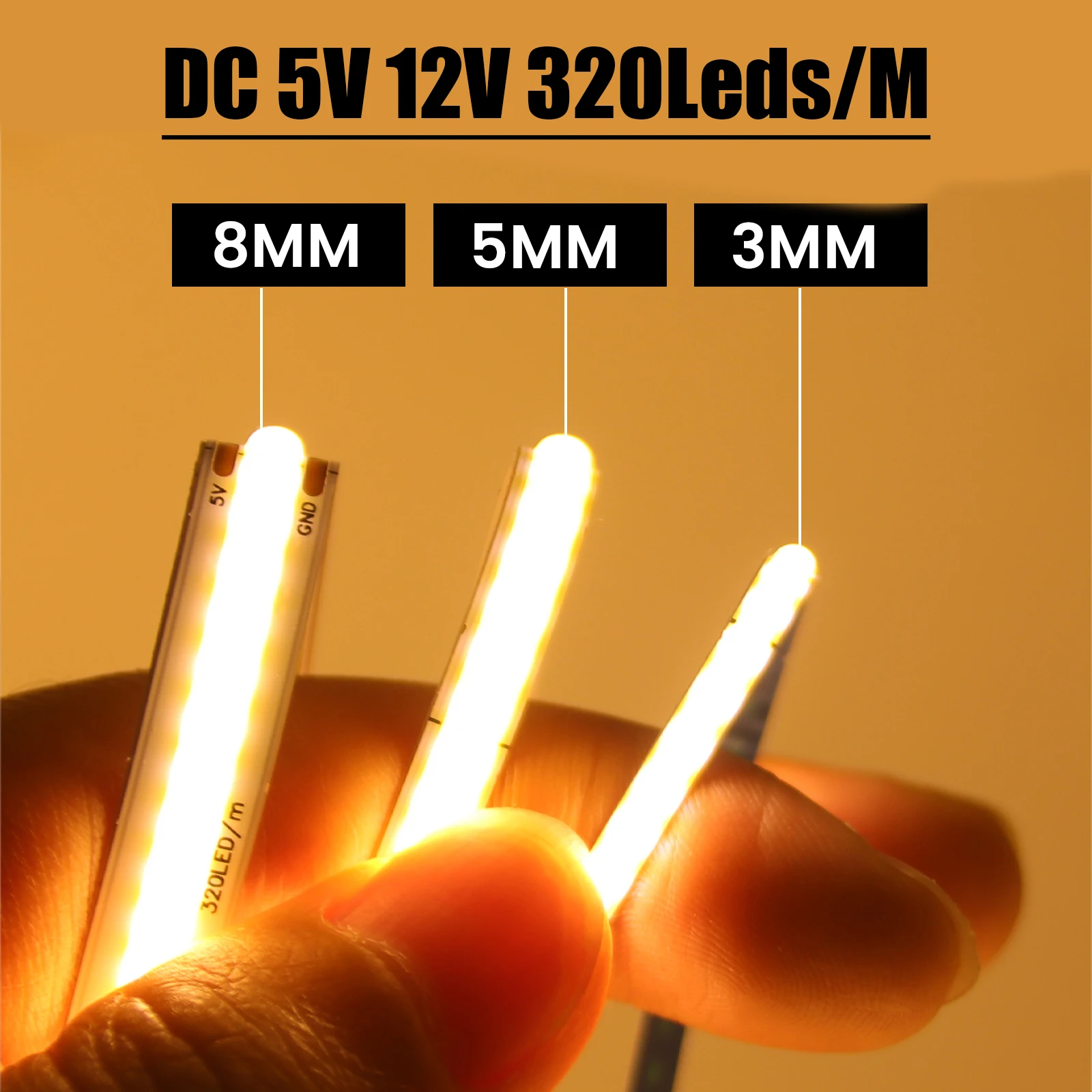 DC 12 V 5 V COB-Streifen, 320 LEDs/m, Breite 3 mm, 5 mm, 8 mm, hohe Dichte, 3000 K, 4000 K, 6000 K, weißes flexibles Bandseil, LED-Licht