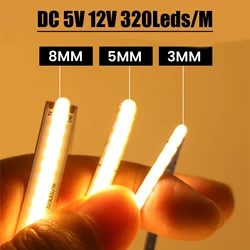 DC 12V 5V COB Strip 320Leds/M Width 3MM 5MM 8MM High Density 3000K 4000K 6000K White Flexible Ribbon Rope LED Light