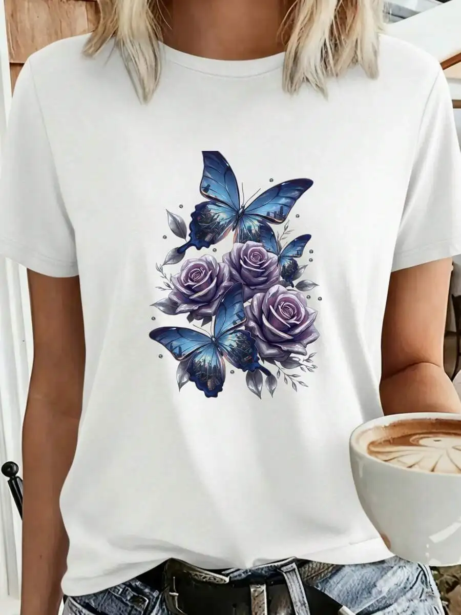 Women Crew Neck Short Sleeve T‑Shirt Butterfly Rose Graphic Print Fashion Fitness Casual Spring Summer Daily Leisure Wear Ladies Top