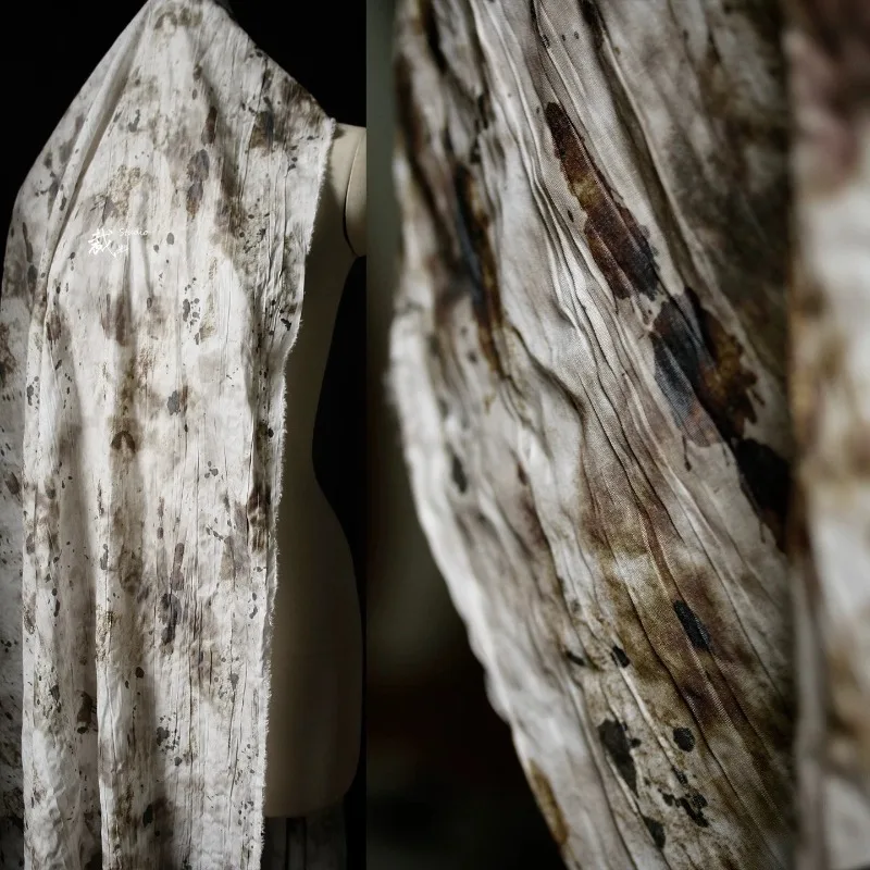 Distressed Textured Cotton Fabric Irregular Tie Dye Wood Grain Vintage Artistic for Shirt Dress Outerwear Designer DIY Sewing
