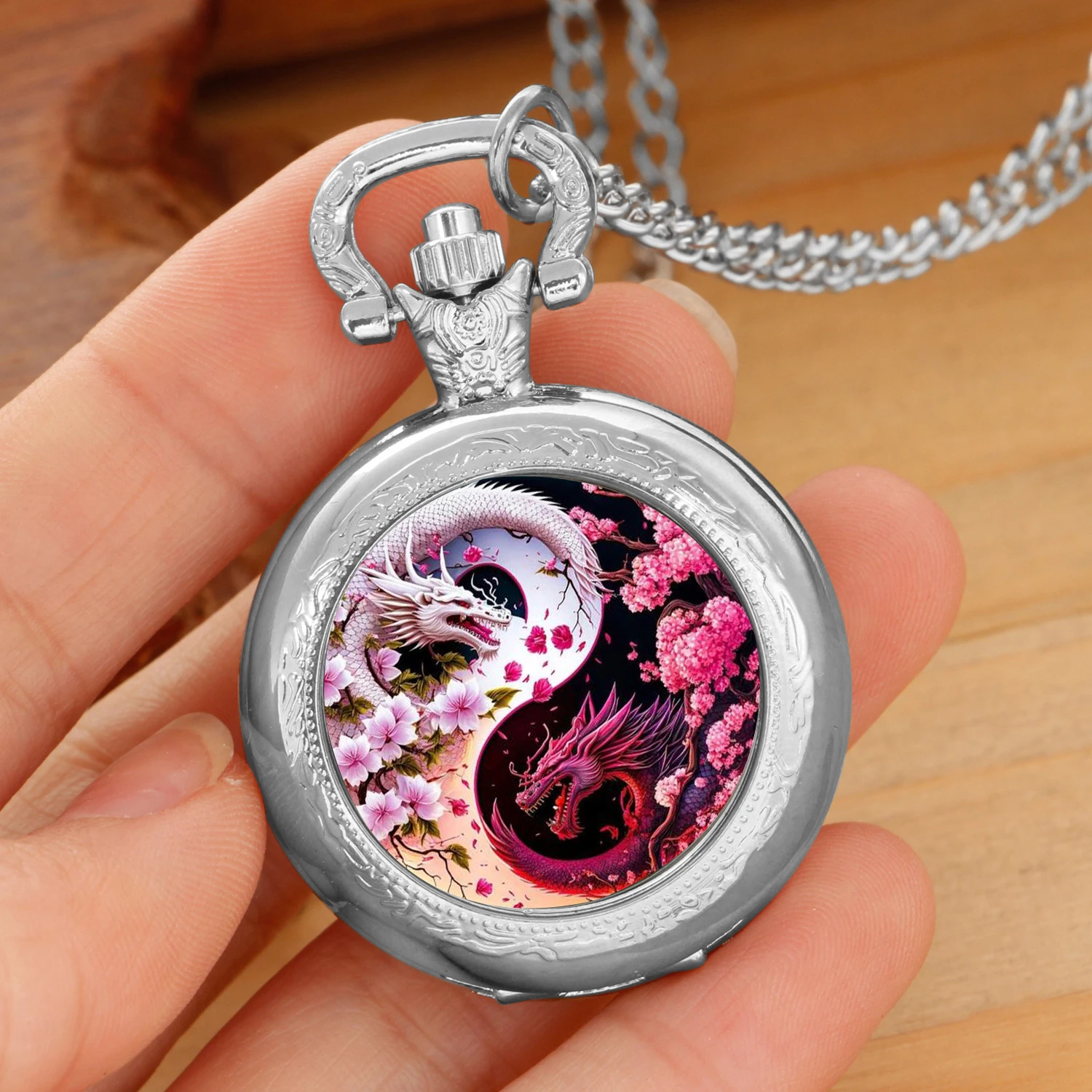 Yin e Yang Drago Fiore Cupola di vetro Orologio da tasca al quarzo Donna Uomo Collana in argento Orologio con ciondolo unico Orologio Accessori regalo