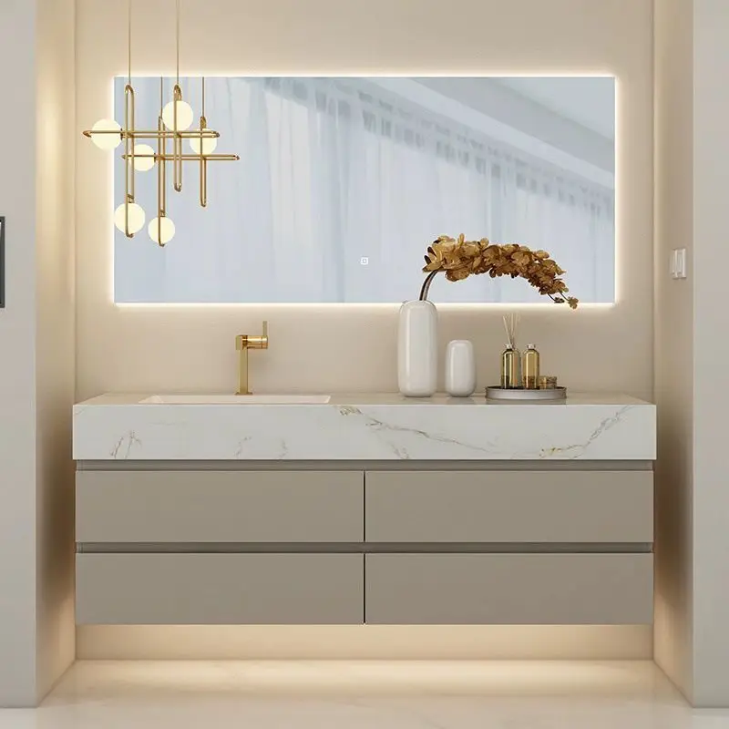 Mueble de baño moderno y sencillo de madera maciza.