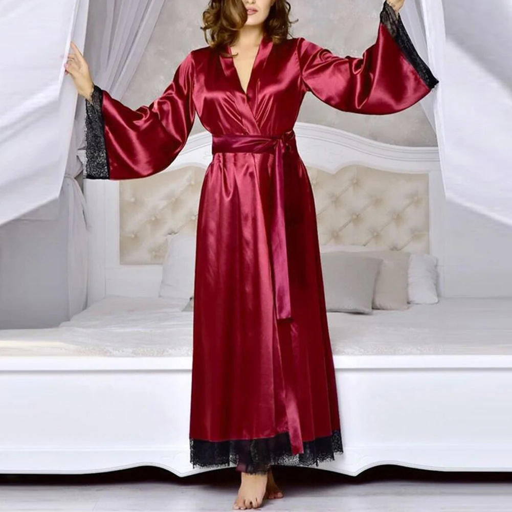 Sexy Women\'s Silk Satin Long Bathrobe Romance Lace Edge Kimono Robe Nightdress Female Nightgown Nightwear Sleepwear Home Clothes