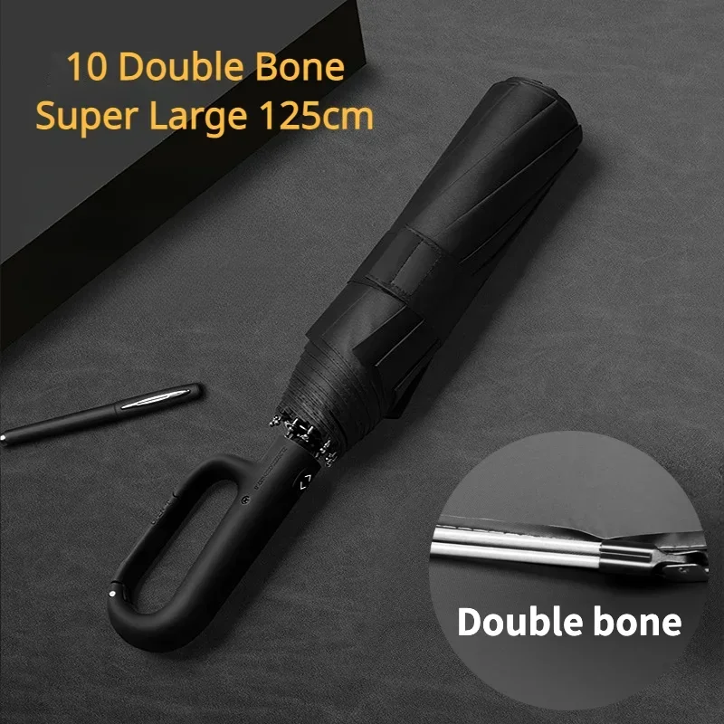 Waterproof Folding Women Automatic Umbrella Bone Reinforce Fully Double Ring Strong 10 Large Sturdy Men Windproof Clasp