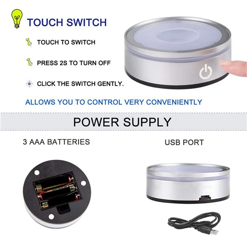 6X LED Light Base With Sensitive Touch Round Colorful Stand Display For 3D Crystal Glass Art Photo Frame Silver Concave-Tvdae