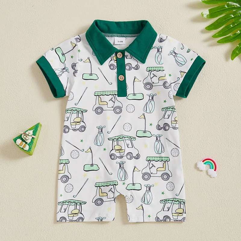 

Soft Baby Boys Golf Print Jumpsuit Short Sleeve Turn Down Collar Button Up Casual Romper Boys Clothing Sunsuits