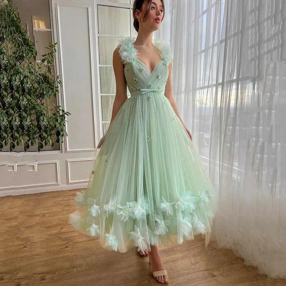

Mint Green Prom Dresses Fairy 3D Flowers Party Dress for Women Princess Tea Length Formal Wedding Gowns Summer