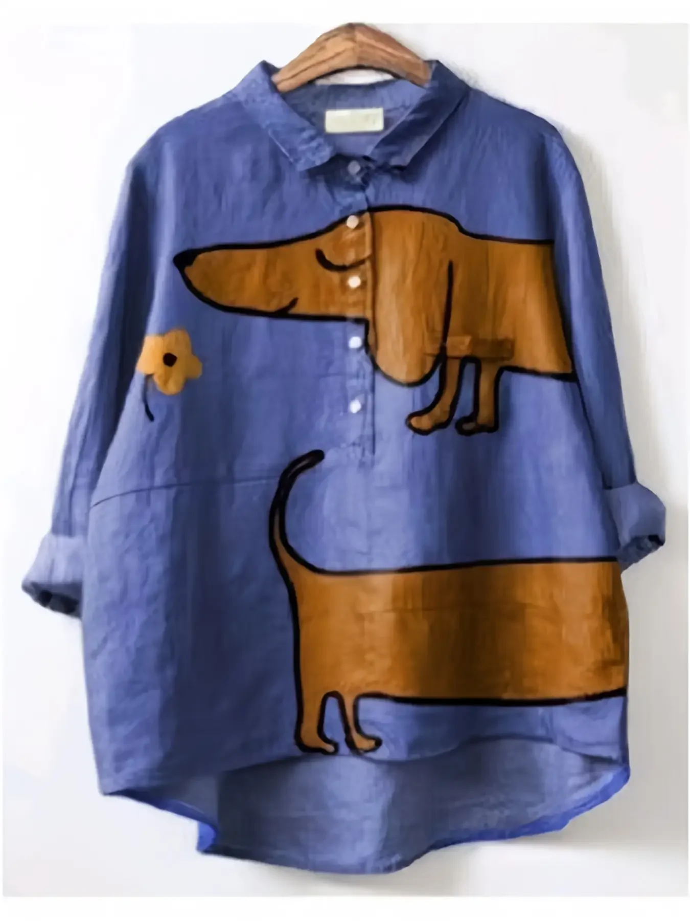

Women's printed collar shirt - oversized loose long sleeved top with asymmetrical hem, Fun Sausage Dog Printed Top