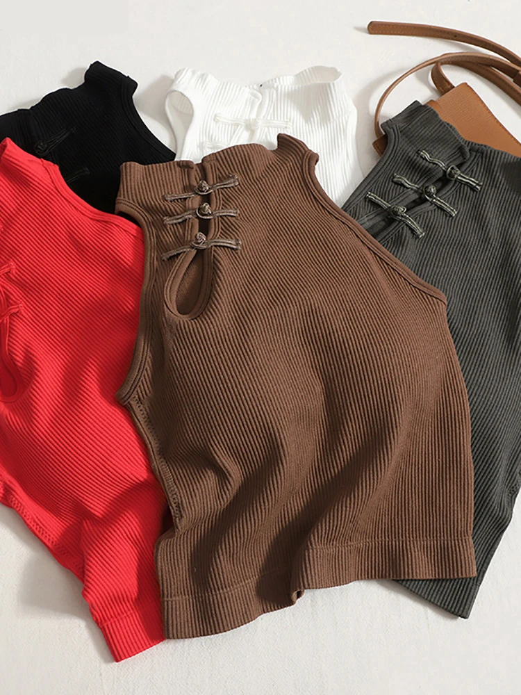 

Women Vintage Chinese Button Tank Tops With Bra Pad Halter Tops O-Neck Elegant Crop Tops Off Shoulder Tops For Women