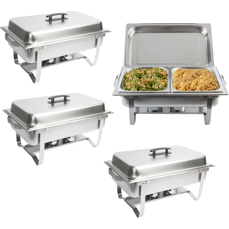 Chafing Dish Buffet Set (4) Chafers 8QT Buffet Servers And Warmers, Chaffing Servers With Covers, Catering, Chafer, Folding