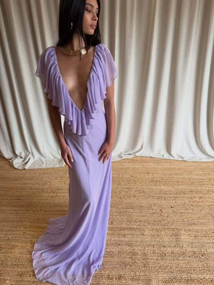 

Изящное фиолетовое платье с рюшами и глубоким V-образным вырезом, элегантное женское платье без рукавов с завышенной талией, облегающее макси-платье 2026 для вечерних мероприятий и торжеств