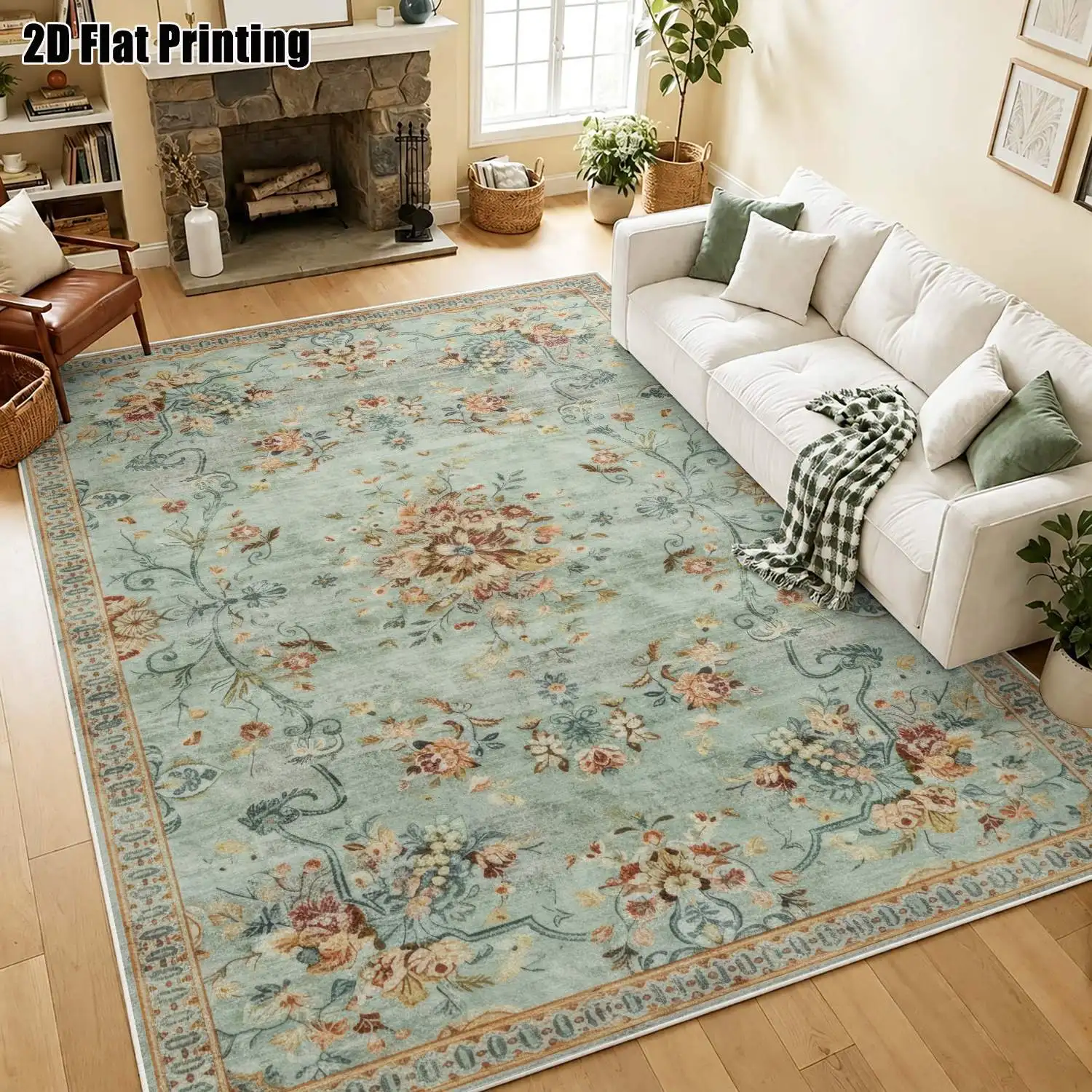 1Pc 2D Printed Retro Blue Floral Velvet Carpet: Home Decor, Machine Washable, Multi-Size, Multi-Use