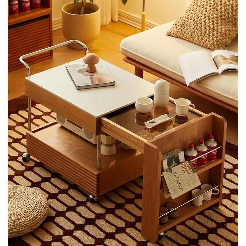 Modern solid wood retractable coffee table surrounding stove brewing tea mobile coffee table Japanese cherry