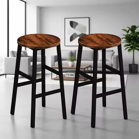 Set of 2 Round Bar Chairs with Footrest, 24.4 High, Industrial Style, Easy Assembly, Suitable for Kitchen or Dining Room, Rustic