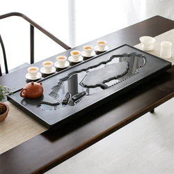 Hand Carved Black Stone Tea Tray Water Draining Rectangle Serving Table Heavy Duty Embossed Design for Tea Set
