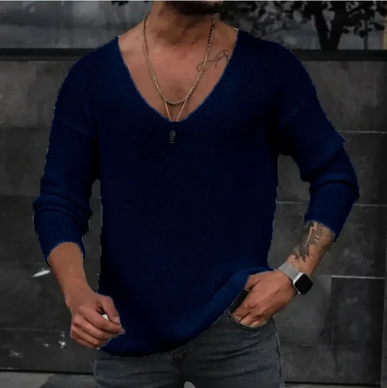 Men 2024 Spring V Neck Rib Bottoming T-shirts Pullover Autumn Long Sleeve Slim Fit Tees Tops Simple Casual Plain Thin Knit Shirt