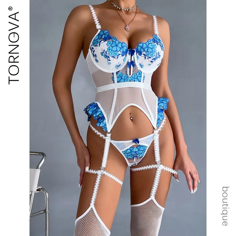 

Tornova Embroidery Floral Sexy Underwear Panty Garters Patchwork Set 3PCS Skinny See-through Lace Girl Interesting Underwear Set
