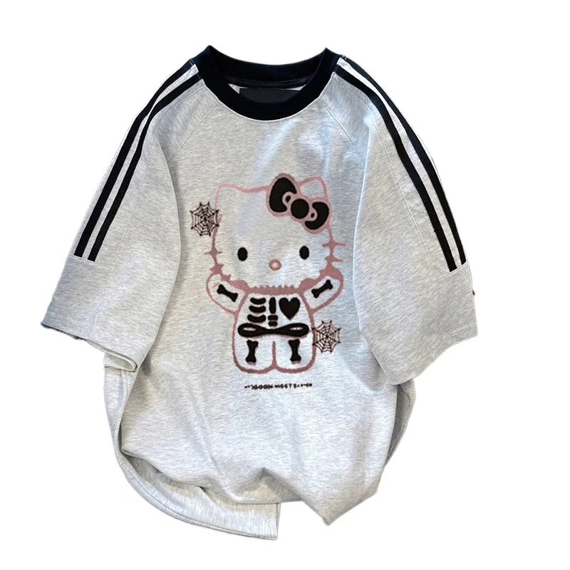 Hello Kitty Stripe Raglan Short Sleeve T-shirt Women KT Cat Summer Cotton Loose Casual Top Cartoon Anime Sanrio