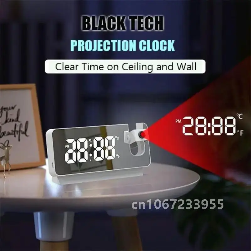 180° Arm Projection Digital Alarm Clock Temperature Humidity Night Mode Snooze Table Clock 12/24H USB Projector LED Clock