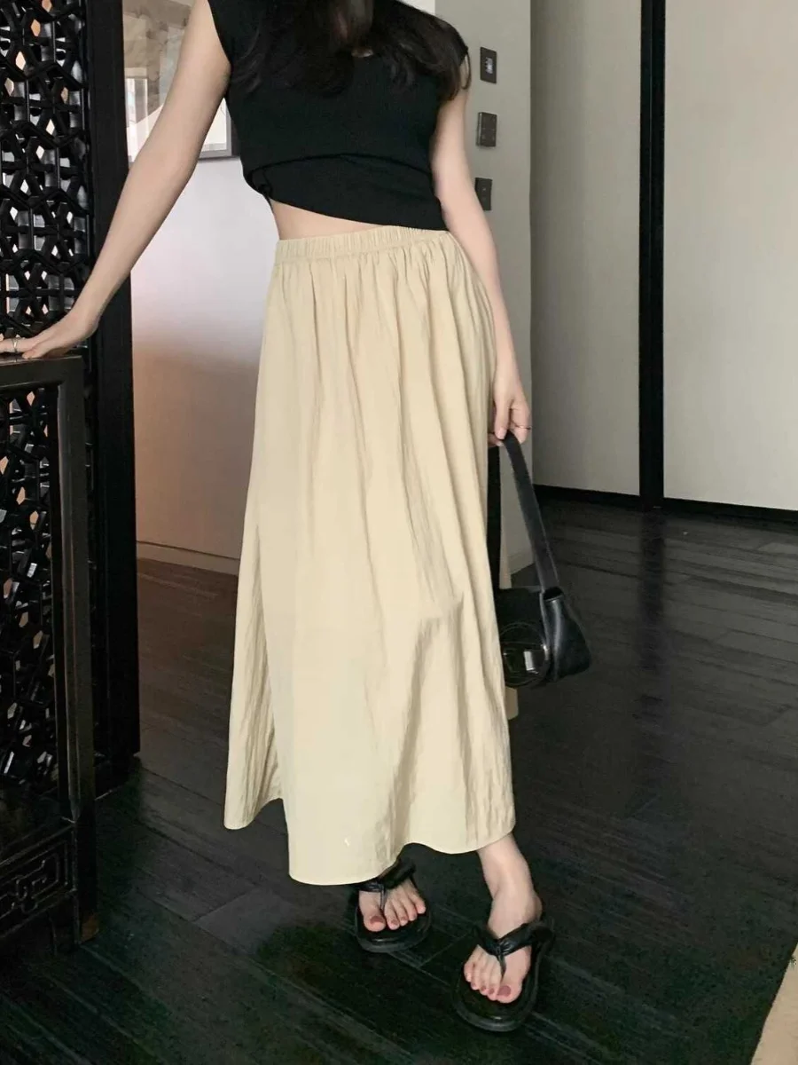 Extra Large Size Ice Silk High Waist Draped Pleated Midi Skirt Summer Hip Conceal Slim A-Line Long Skirt for plus Size Women view 3