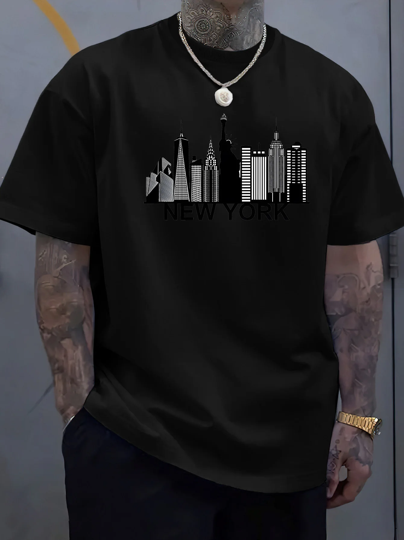 

Men's New York City Skyline Bold Letter Graphic T Shirt Light Blue Streetwear Casual Short Sleeve Tee Regular Fit Summer