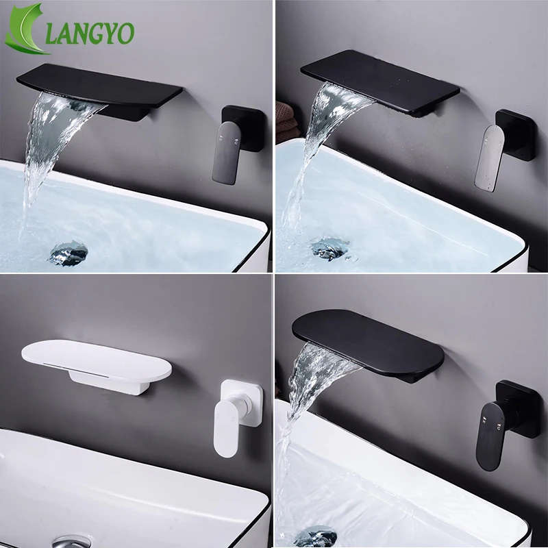 LANGYO Wand-Mount Becken Wasserhahn Mischer Wasserfall Waschbecken Wasserhahn Große Regal Plattform Matte Schwarz & Weiß Mischer Qualität tippen