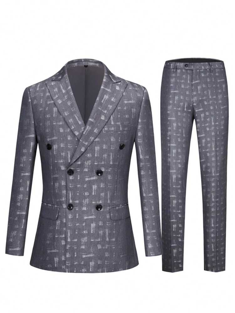 Conjunto de dos piezas de jacquard con top y pantalones para hombre, traje ajustado con doble botonadura, chaqueta, pantalones largos, informal, para boda, negocios