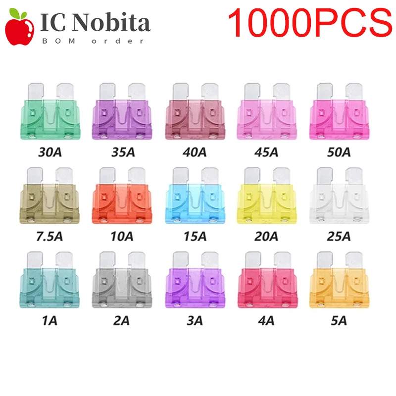 1000PCS Standard Blade Fuse 1A 2A 3A 4A 5A 7.5A 10A 15A 20A 25A 30A 35A 40A 45A 50A Amp Clip Fuses