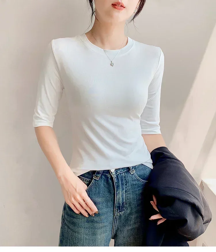 2026 Basic Einfarbiges Kurzarm-T-Shirt mit Rundhalsausschnitt, Eng Anliegend, Sommerliches Casual-Oberteil für Damen, Y2K Vintage Top, Harajuku Streetwear – Detail 1