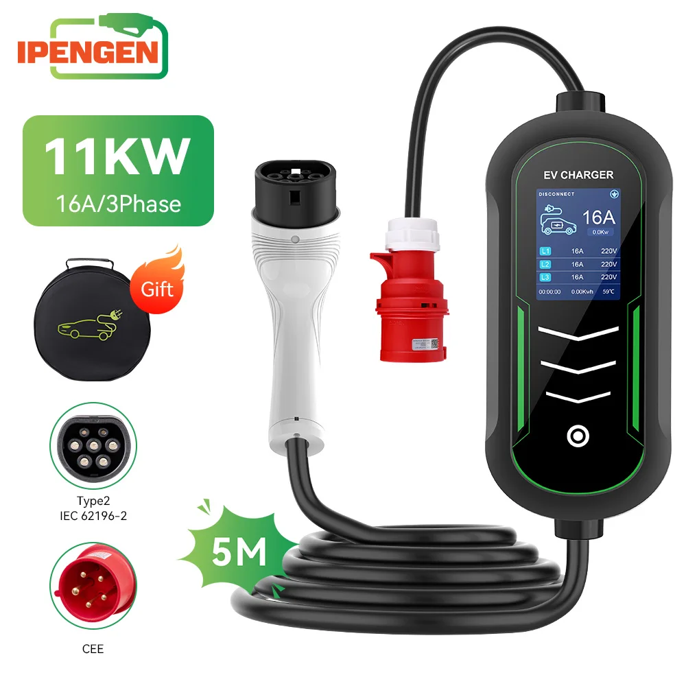 IPENGEN 11KW Type2 EV Charger Portable 5M Cable 8-16A Adjustable Current 16A 3Phase Delay Charging EVSE Charging Box IEC 62196-2