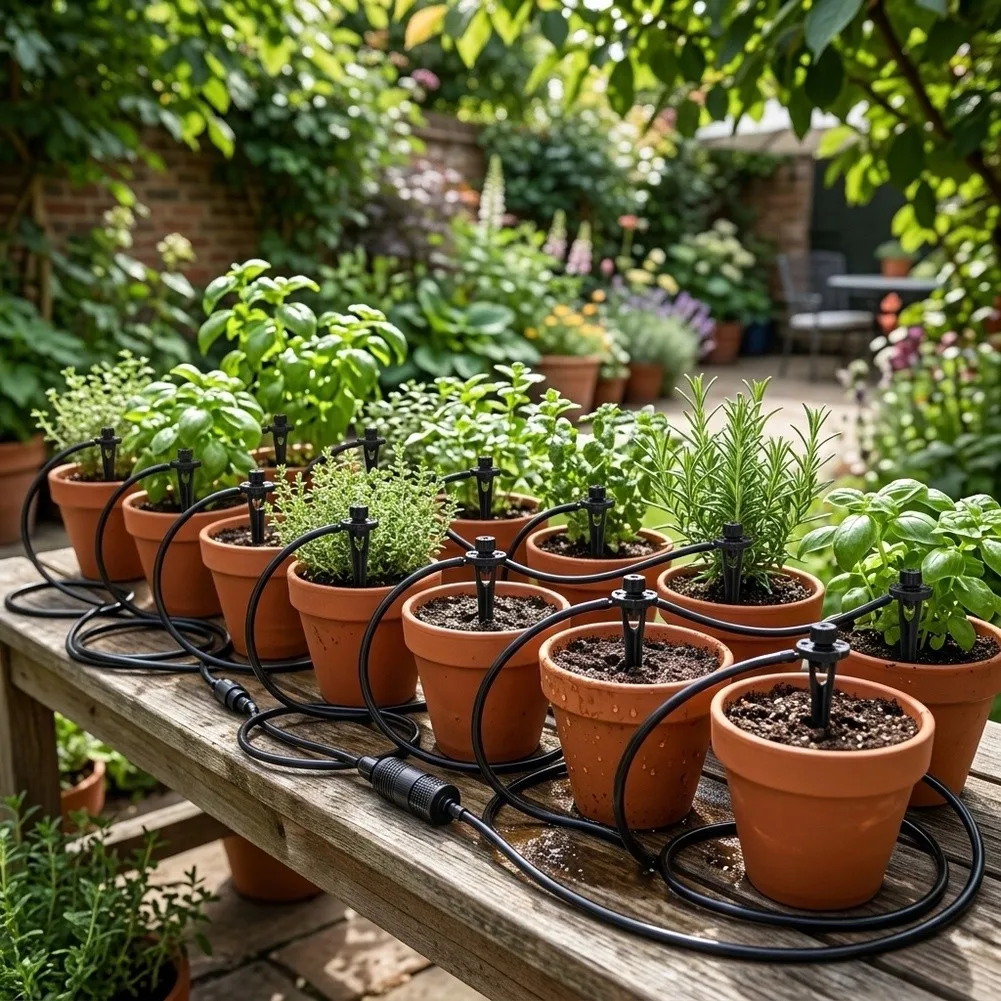 Plant Drip Irrigation Device with 15m 20m Black PVC Tubing Set and Adjustable Water Volume for Efficient Garden Use