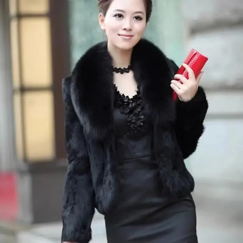 Hot sale women winter long style 100% real rabbit fur coat with fox fur collar Warm thick rabbit fur jacket Female real fur coat