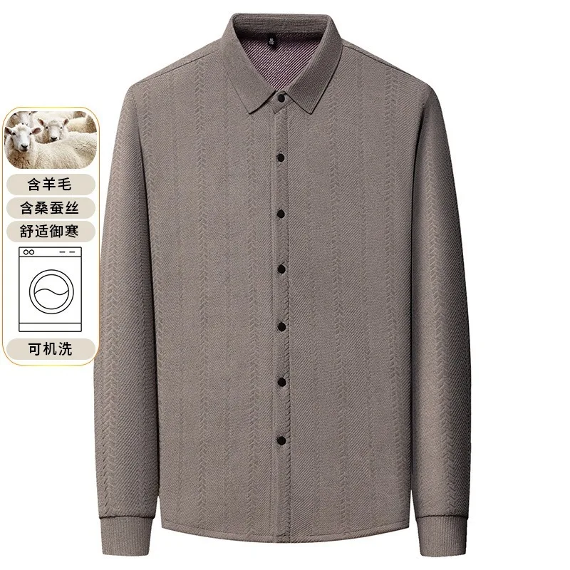 Men's Wool Winter Dress Shirts Casual Long Sleeve Fleece Tee & Tops Non Iron Elastic Business Skin Friendly Luxurious Silk Shirt