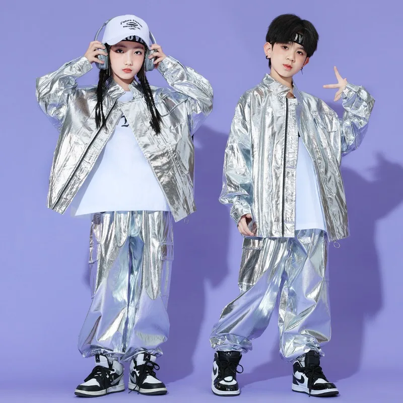 

Kids Boys Girls Metallic Silver Hip Hop Set Zip Jacket Jogger Pants Skort Jazz Kpop Stage Performance Dance Costume Dancewear