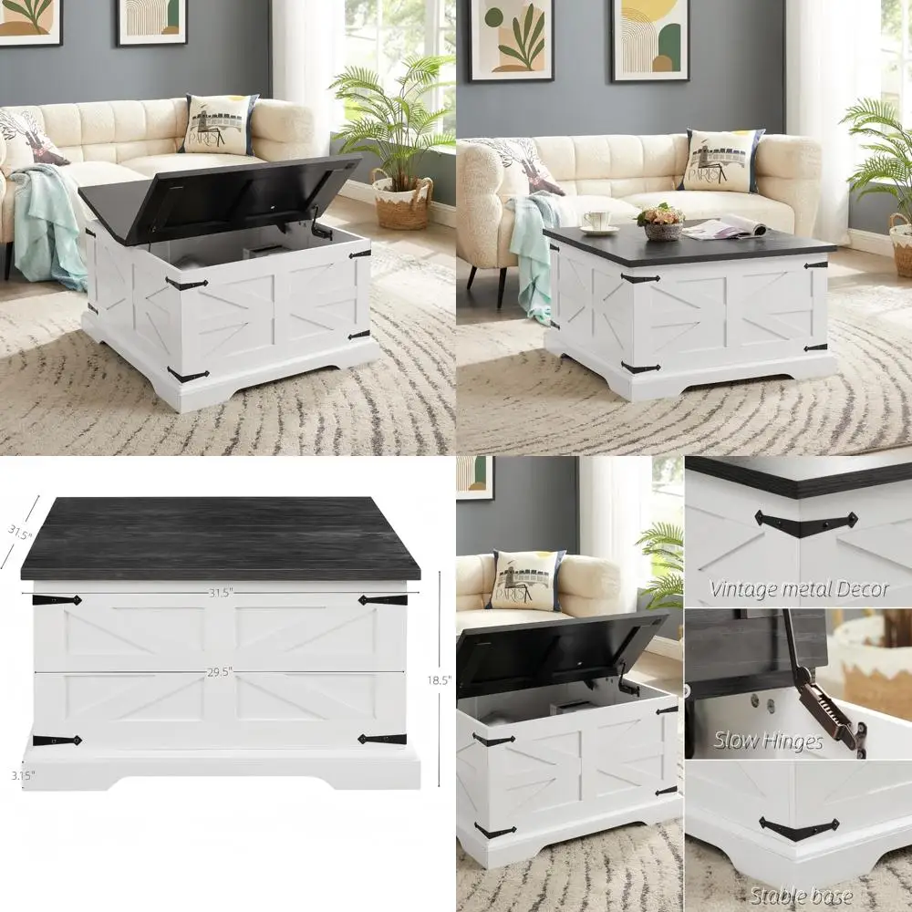 Lift Top Coffee Table with Hidden Storage, 31.5 Square Wood Center Table, Living Room Barn Style