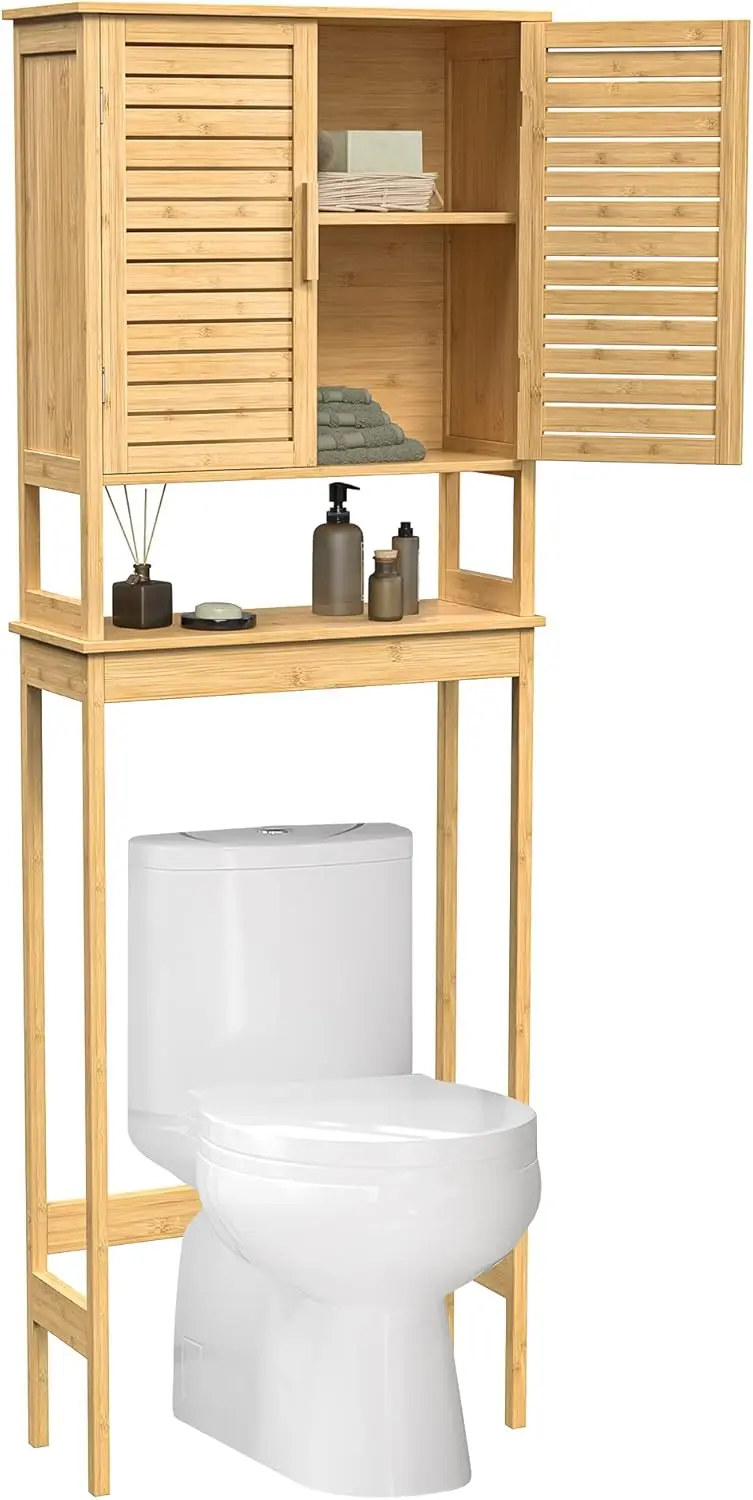 Over The Toilet Storage Cabinet Bathroom Cabinet with Adjustable Inside Shelf and Bottom Stabilizer Bar Natural Beige