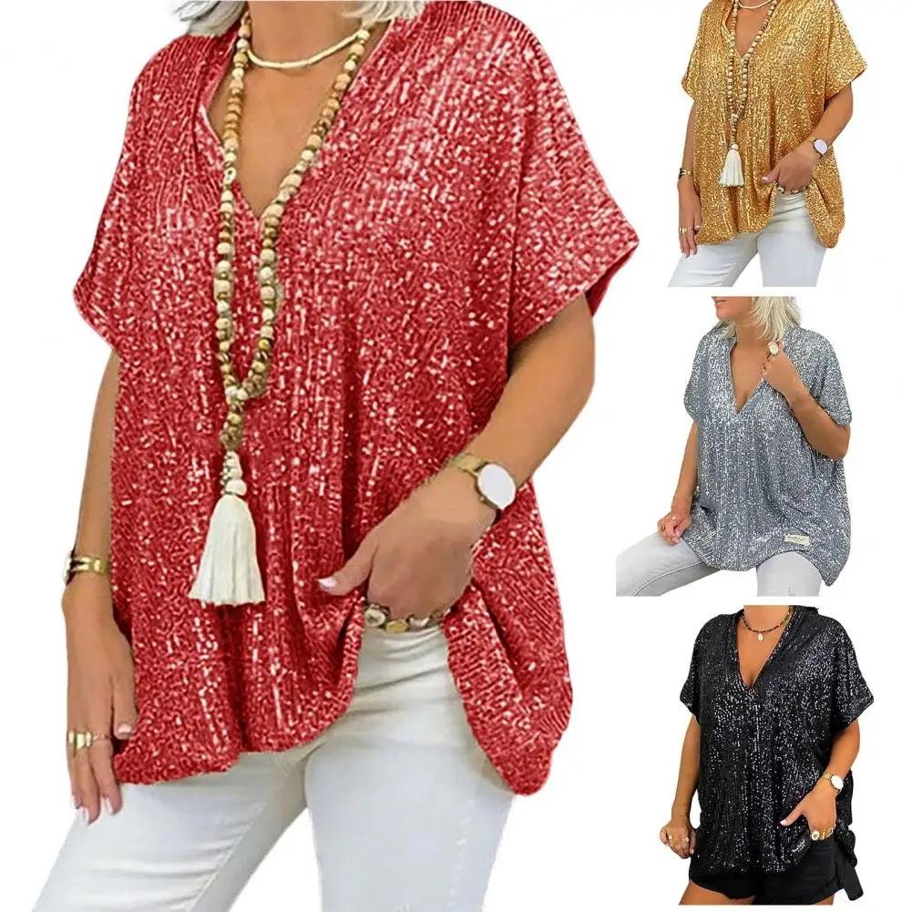 

Sexy Women Shiny Sequins Pullover Blouse V-Neck Short Sleeve Loose Fit Women T-shirt Streetwear Lady Night Club Women's Clothes