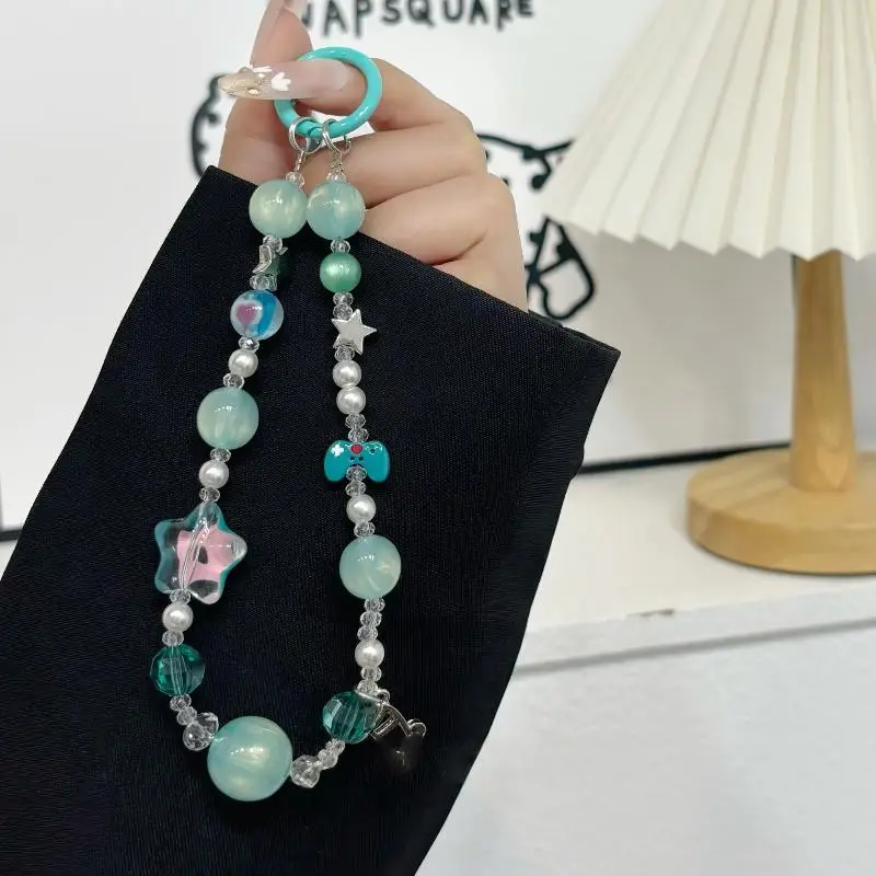 Ins Popular Light Blue Beaded Phone Charm Strap Anti-Loss Star Pearl Bow Accent for Women Phone Purse Hanging Decor