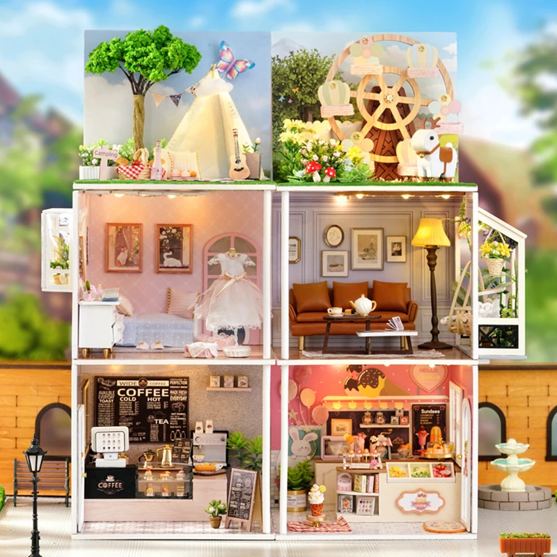 DIY Wooden DollHouse Leisurely Coffee Shop Dollhouses Scene Model Miniature Doll House Wooden Assembly Handmade Toys For Friends