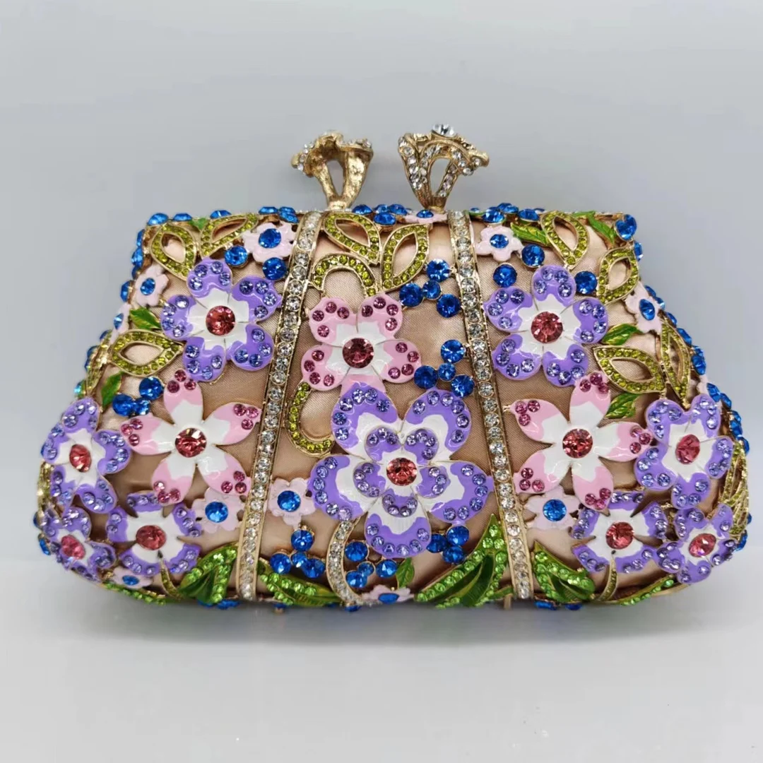 

Drop Oil Diamond Dinner Enamel Flower Clutch Bag Celebrity Banquet Women's Lady Metallic Foil Party Clutch With Detachable Strap