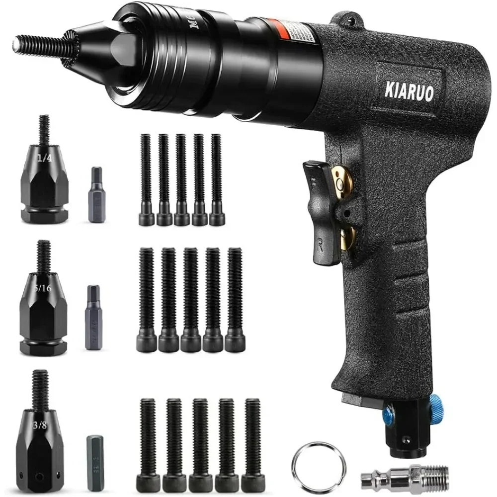 Pneumatic Rivet Nut Gun 1/4-20, 5/16-18, 3/8-16 Self-Locking Head Gun with Replacement Mandrels, Industrial Grade Pull Rivnut