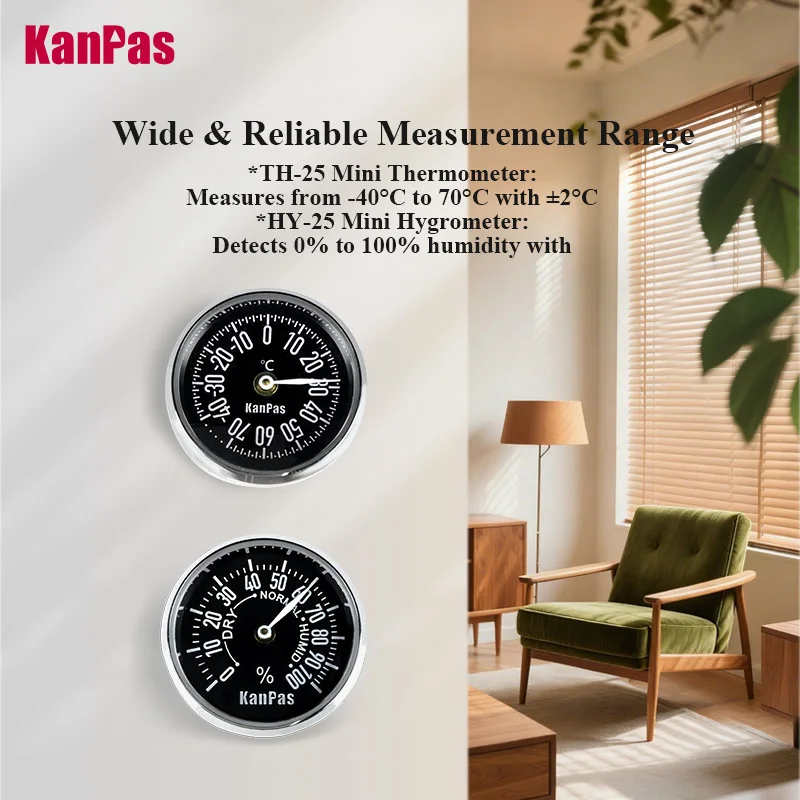 KANPAS Mini Analog Thermometer Hygrometer Battery Free for Car Indoor Temperature Humidity Gauge, TH-25/HY-25