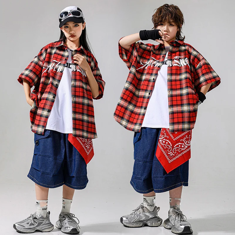 

Children New Jazz Modern Dance Performance Costumes For Girls Red Plaid Shirt Loose Shorts Boys Hiphop Dance Streetwear DQS19582