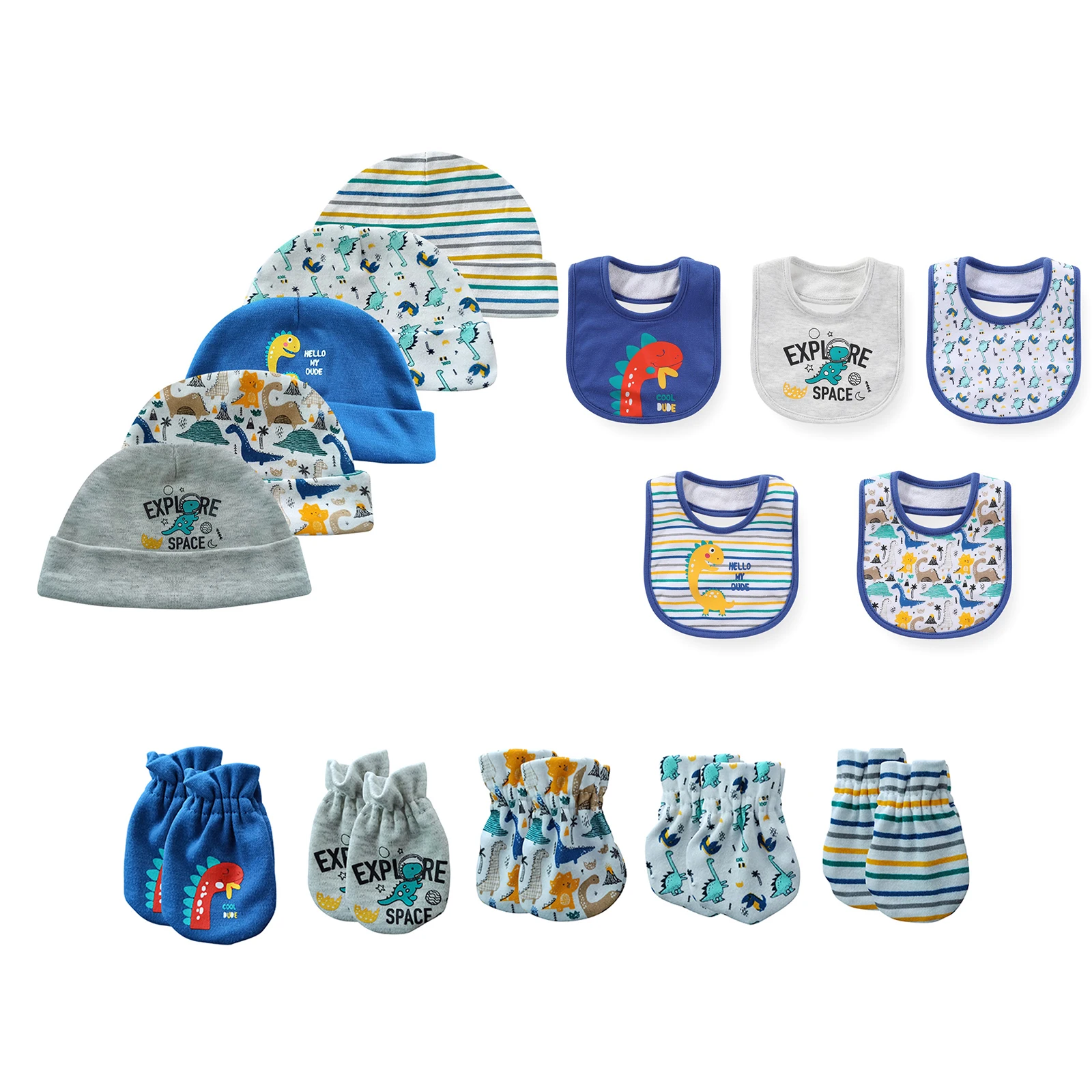 Kiddiezoom Cute Newborn Baby Hat+Mittens+Bibs Set Baby Boy Girl 100%Cotton Hat Set Infant Accessories