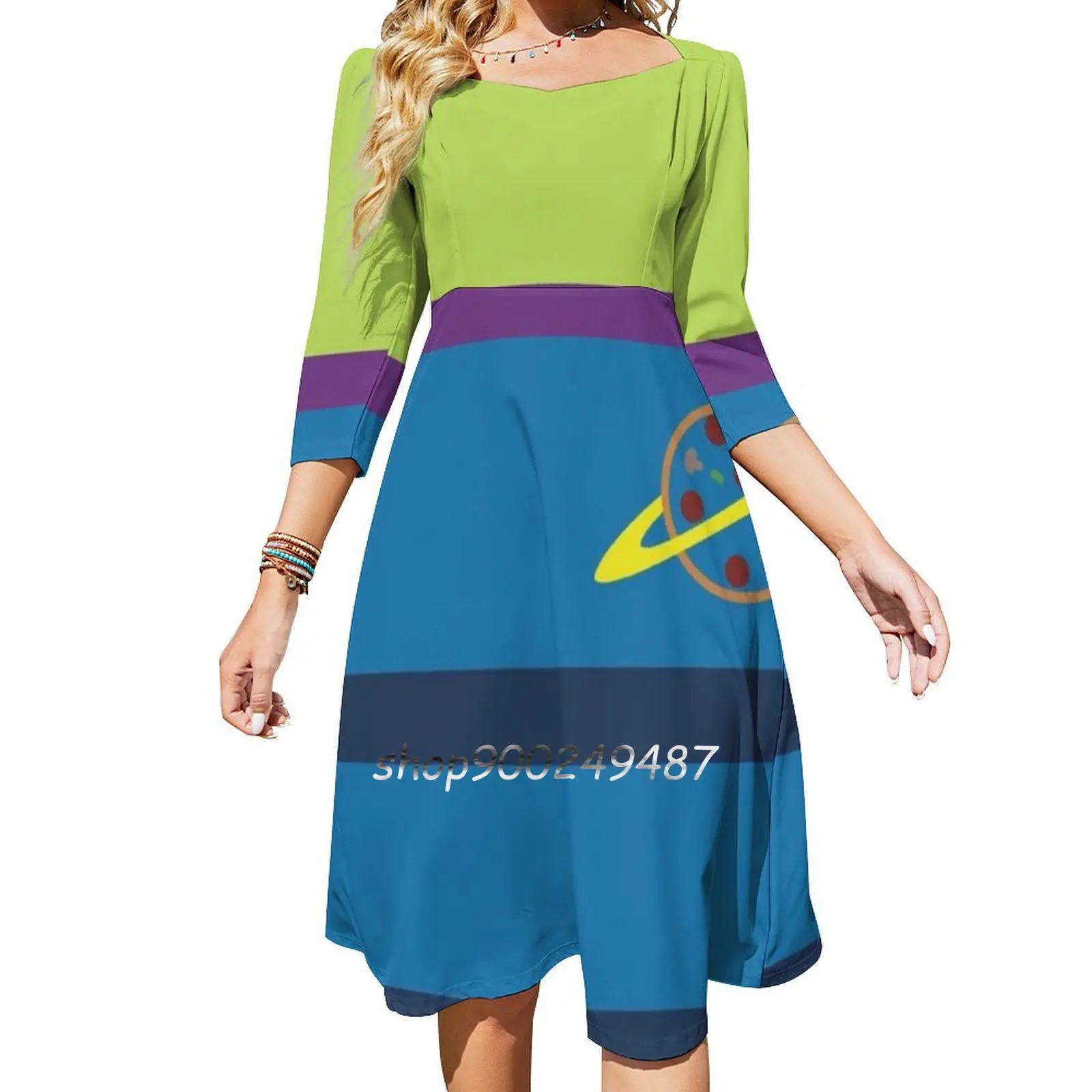 P.P. Flare Dress Square Neck Dress Elegant Female Fashion Printed Dress Pizza Planet Pixar Minimal Simple